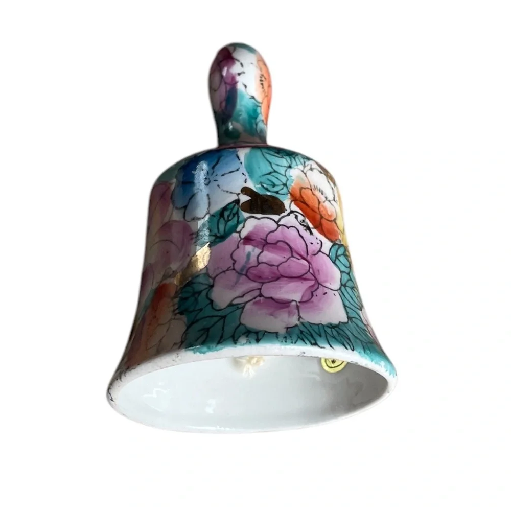 Vintage Chinese Hand Painted‎ Porcelain Bell with Flowers & Gold Accents